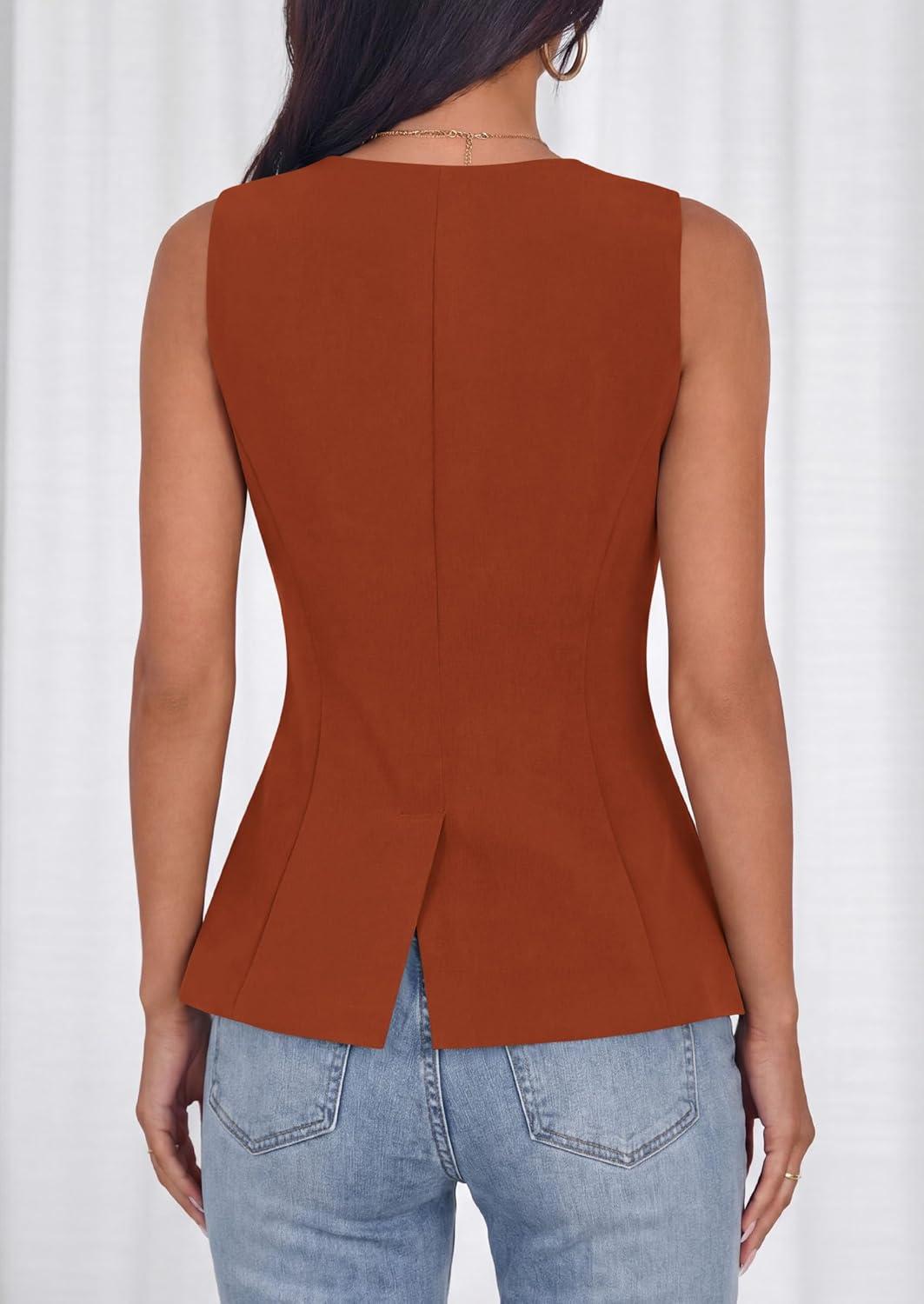 imagePRETTYGARDEN Womens Summer Sleeveless Blazer Vest Tops 2026 Trendy V Neck Button Down Business Casual Suit Vests WaistcoatBrick Red