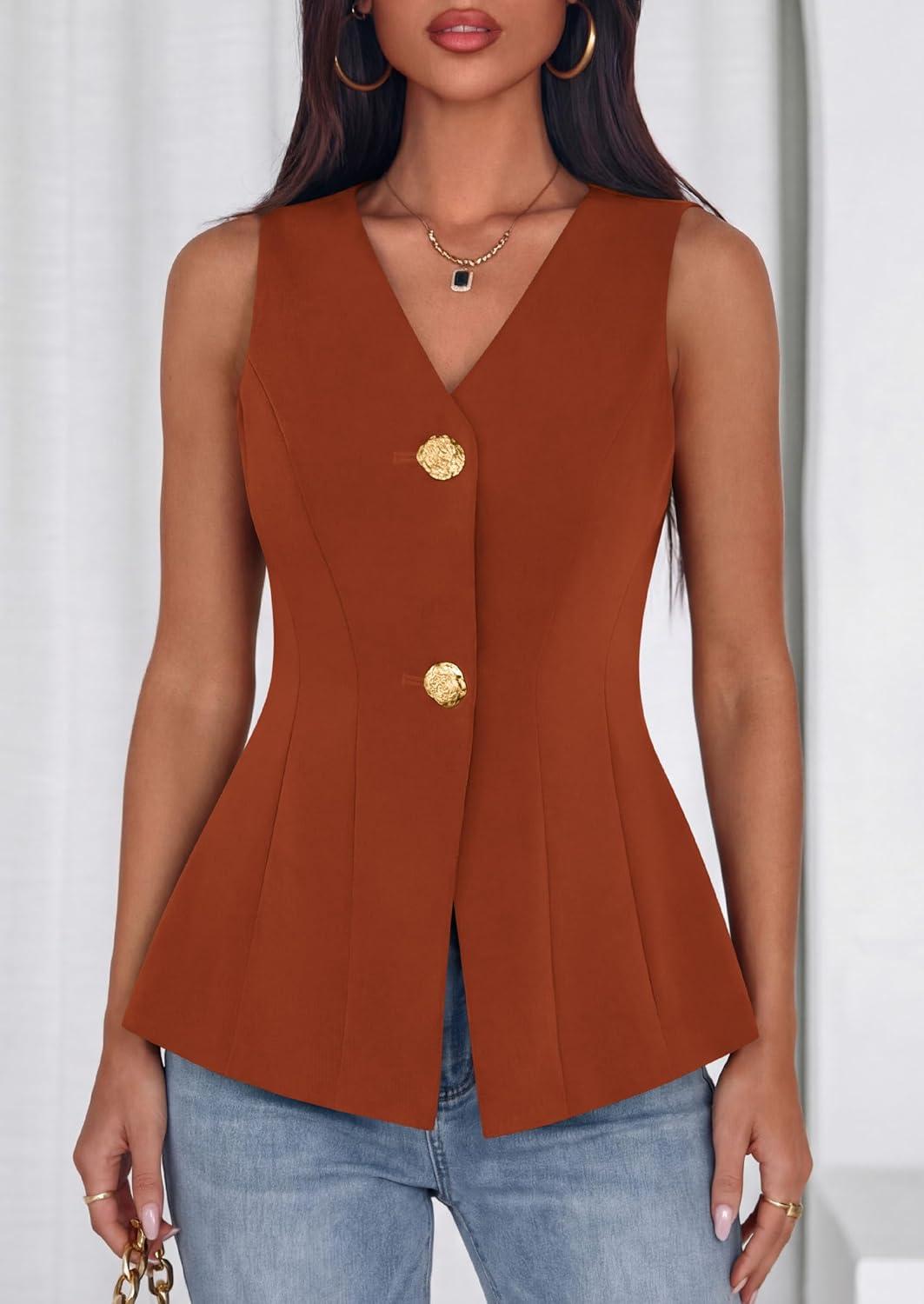 imagePRETTYGARDEN Womens Summer Sleeveless Blazer Vest Tops 2026 Trendy V Neck Button Down Business Casual Suit Vests WaistcoatBrick Red