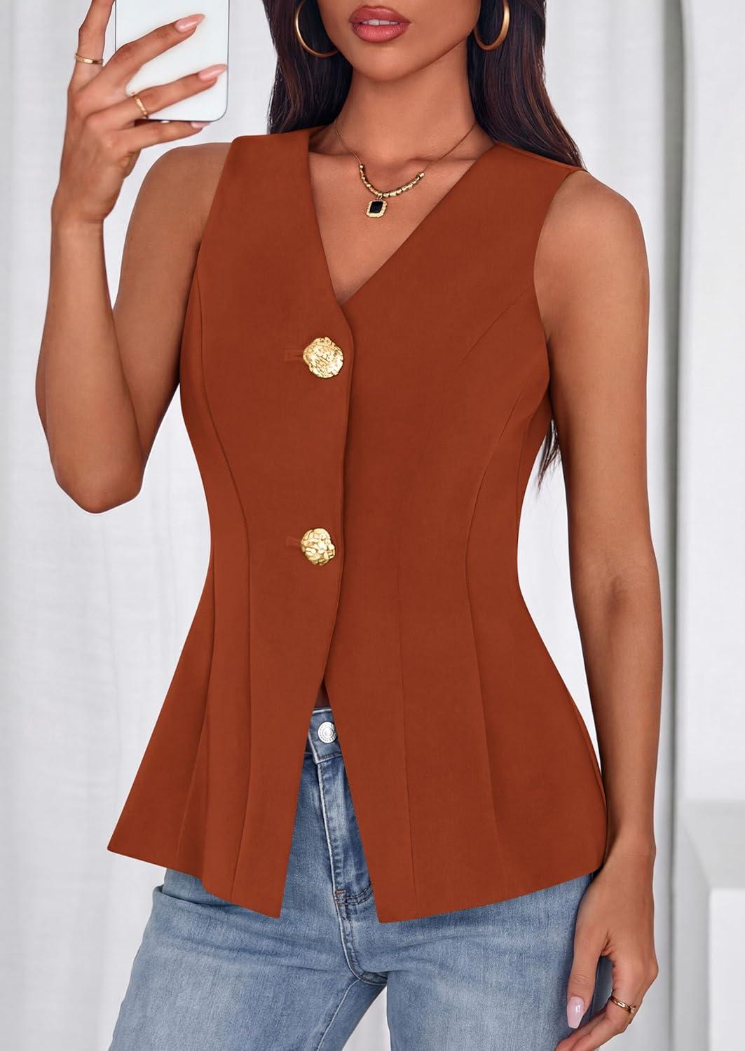 imagePRETTYGARDEN Womens Summer Sleeveless Blazer Vest Tops 2026 Trendy V Neck Button Down Business Casual Suit Vests WaistcoatBrick Red