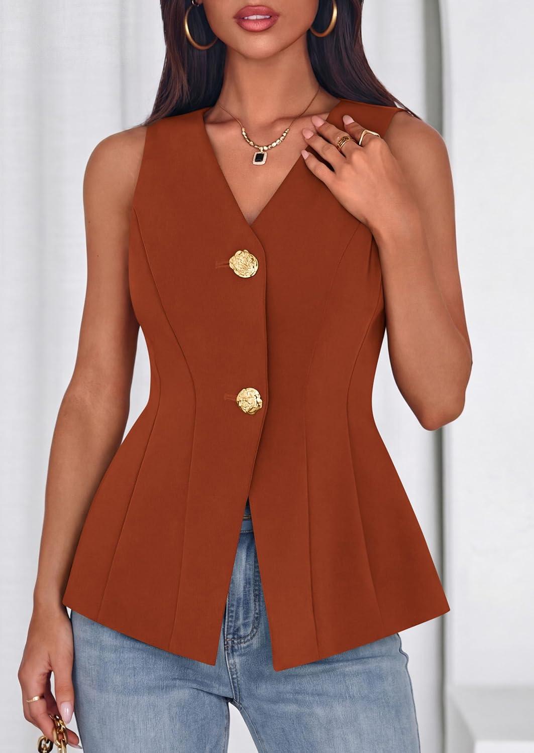 imagePRETTYGARDEN Womens Summer Sleeveless Blazer Vest Tops 2026 Trendy V Neck Button Down Business Casual Suit Vests WaistcoatBrick Red
