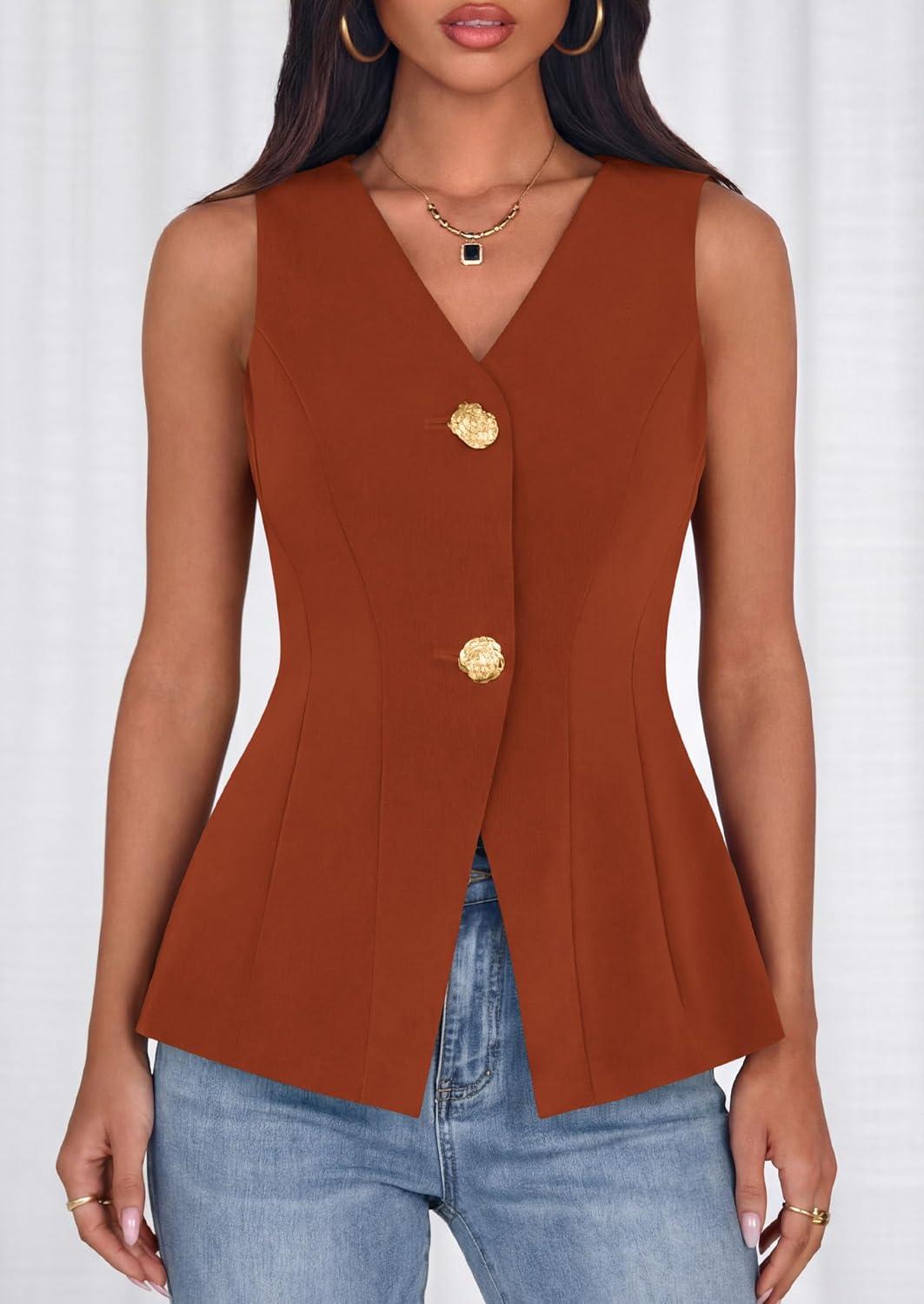 imagePRETTYGARDEN Womens Summer Sleeveless Blazer Vest Tops 2026 Trendy V Neck Button Down Business Casual Suit Vests WaistcoatBrick Red