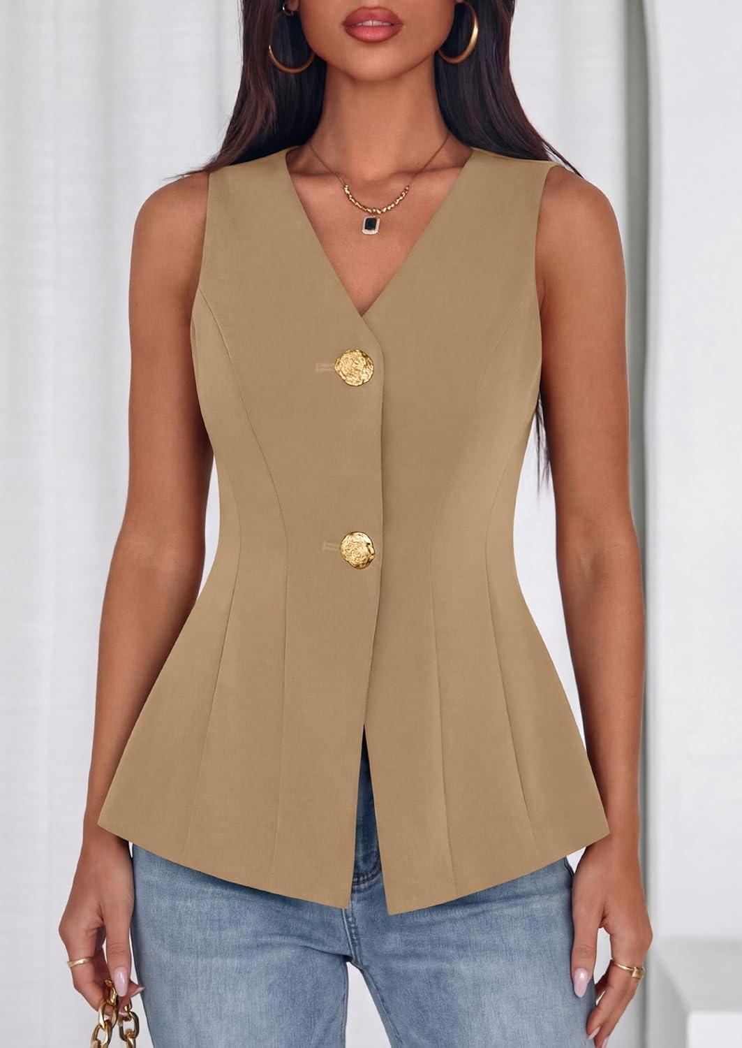 imagePRETTYGARDEN Womens Summer Sleeveless Blazer Vest Tops 2026 Trendy V Neck Button Down Business Casual Suit Vests WaistcoatKhaki