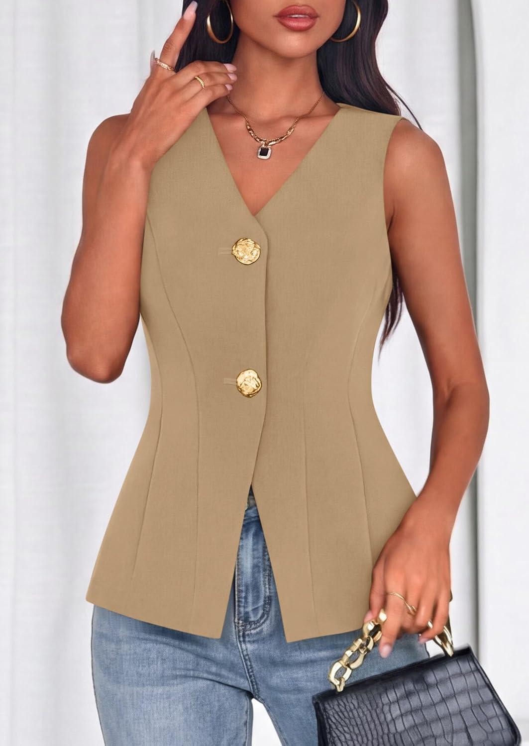 imagePRETTYGARDEN Womens Summer Sleeveless Blazer Vest Tops 2026 Trendy V Neck Button Down Business Casual Suit Vests WaistcoatKhaki
