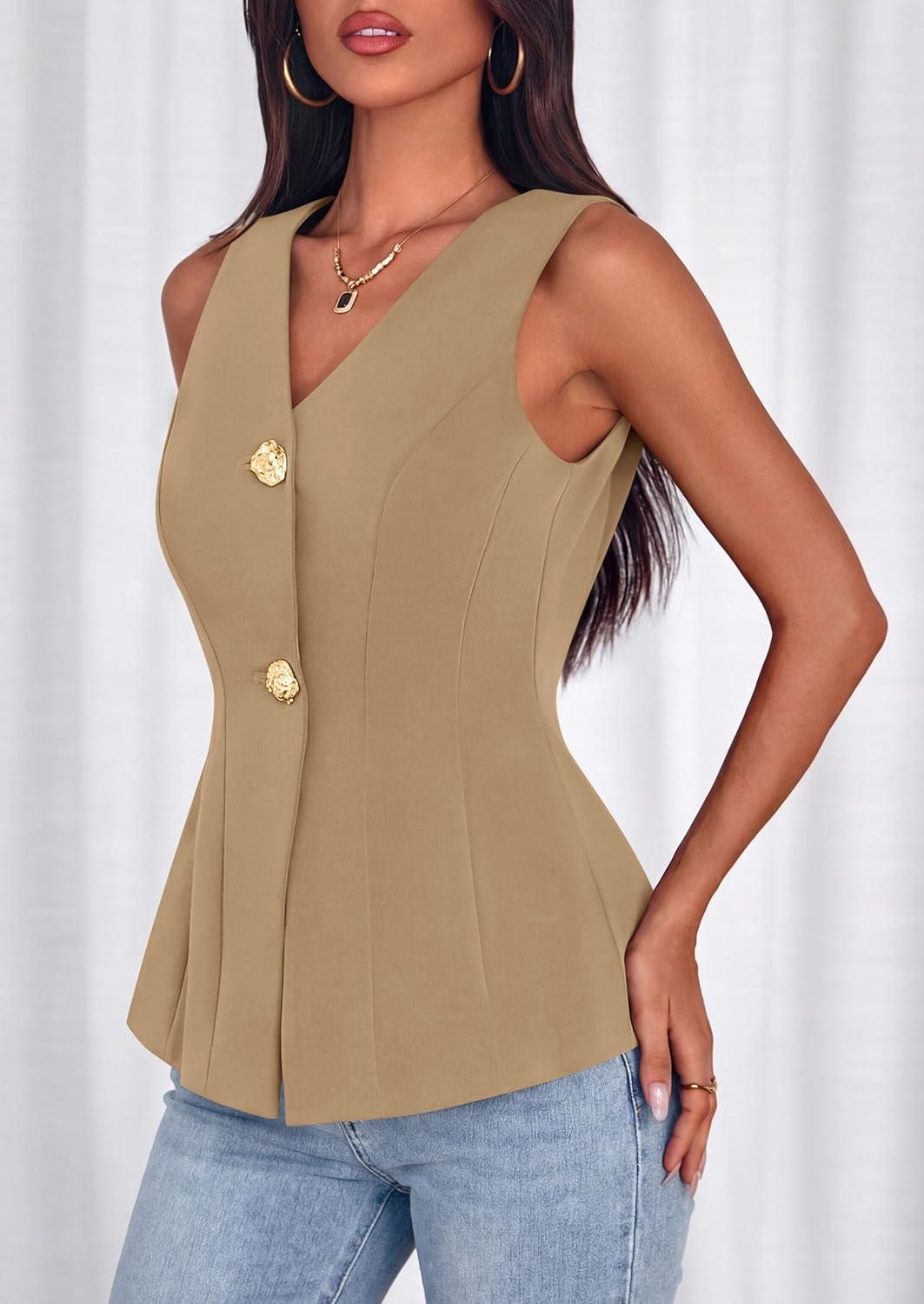 imagePRETTYGARDEN Womens Summer Sleeveless Blazer Vest Tops 2026 Trendy V Neck Button Down Business Casual Suit Vests WaistcoatKhaki
