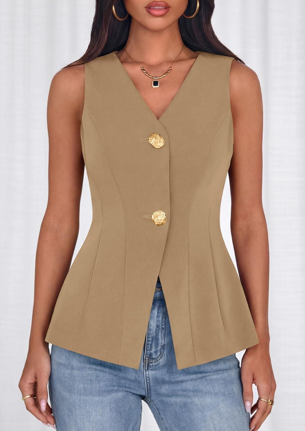 imagePRETTYGARDEN Womens Summer Sleeveless Blazer Vest Tops 2026 Trendy V Neck Button Down Business Casual Suit Vests WaistcoatKhaki