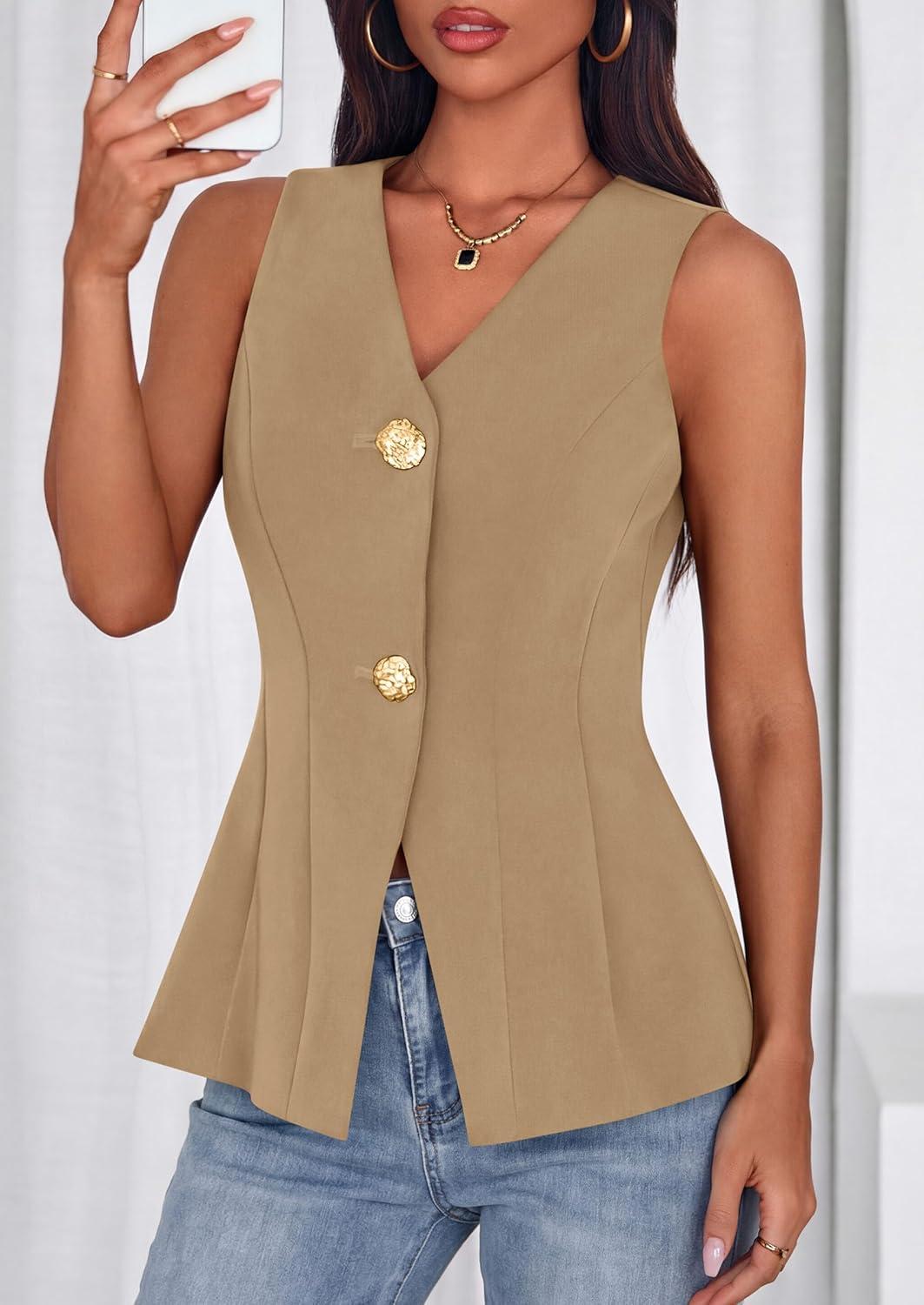 imagePRETTYGARDEN Womens Summer Sleeveless Blazer Vest Tops 2026 Trendy V Neck Button Down Business Casual Suit Vests WaistcoatKhaki