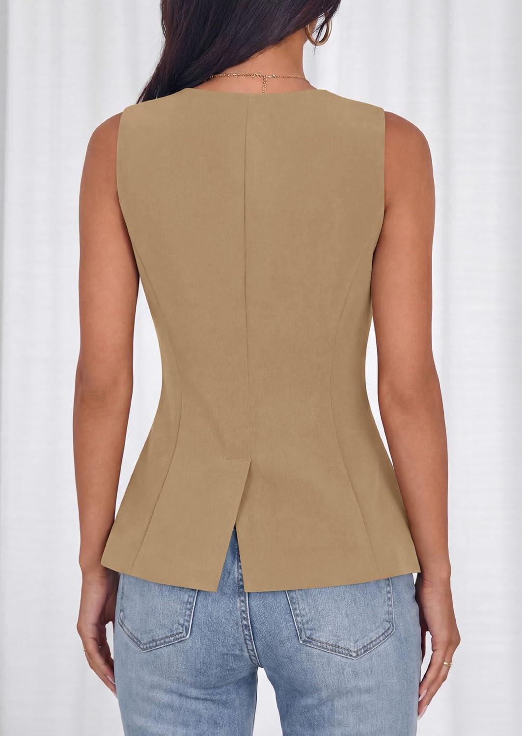 imagePRETTYGARDEN Womens Summer Sleeveless Blazer Vest Tops 2026 Trendy V Neck Button Down Business Casual Suit Vests WaistcoatKhaki