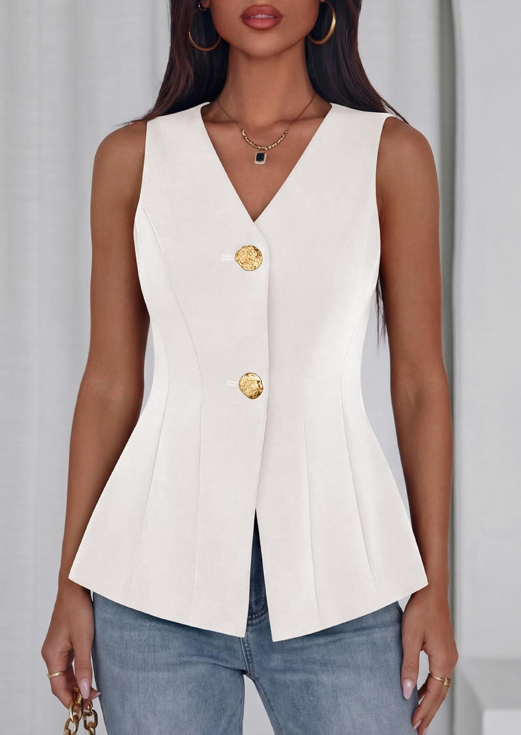 imagePRETTYGARDEN Womens Summer Sleeveless Blazer Vest Tops 2026 Trendy V Neck Button Down Business Casual Suit Vests WaistcoatWhite