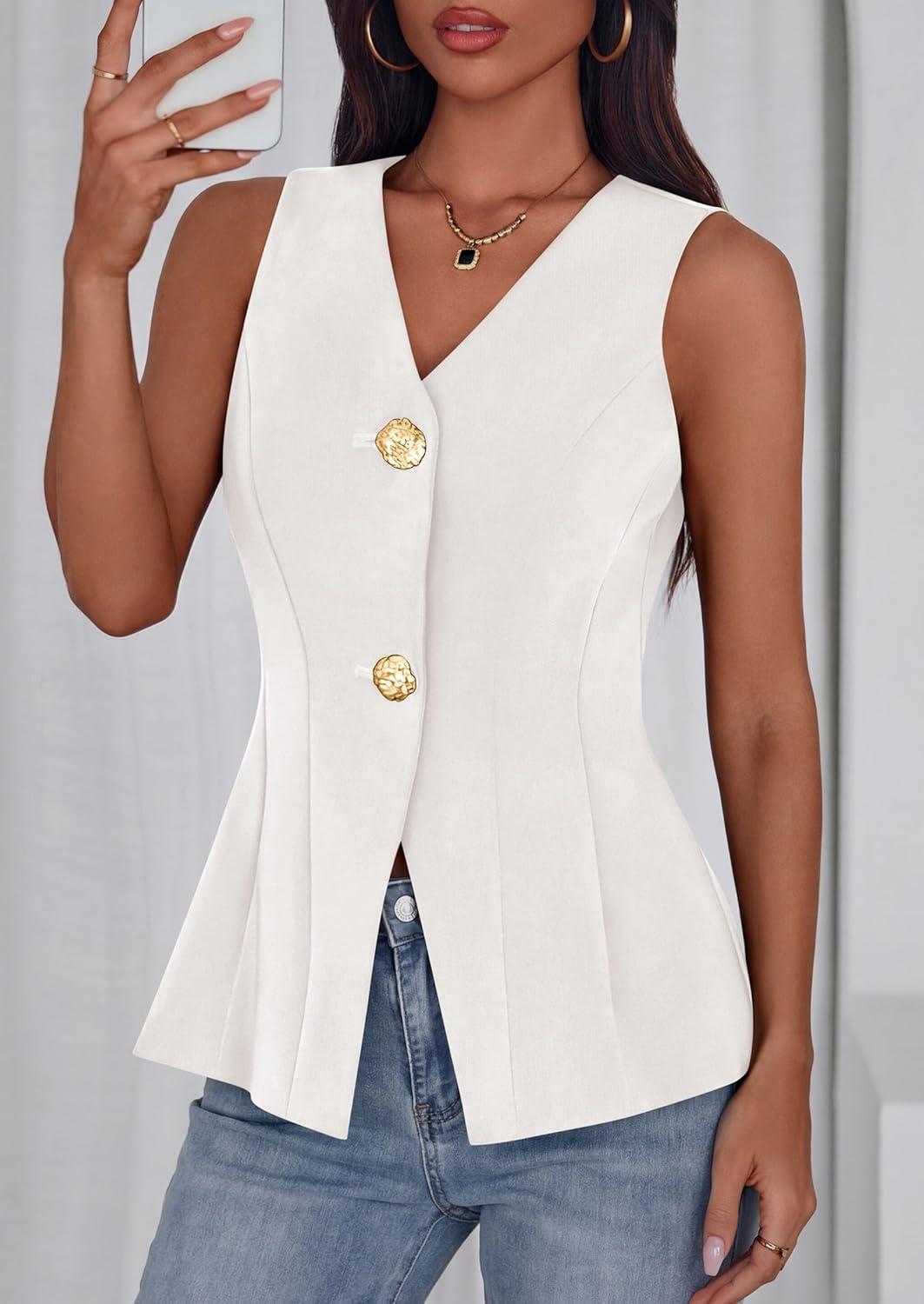imagePRETTYGARDEN Womens Summer Sleeveless Blazer Vest Tops 2026 Trendy V Neck Button Down Business Casual Suit Vests WaistcoatWhite