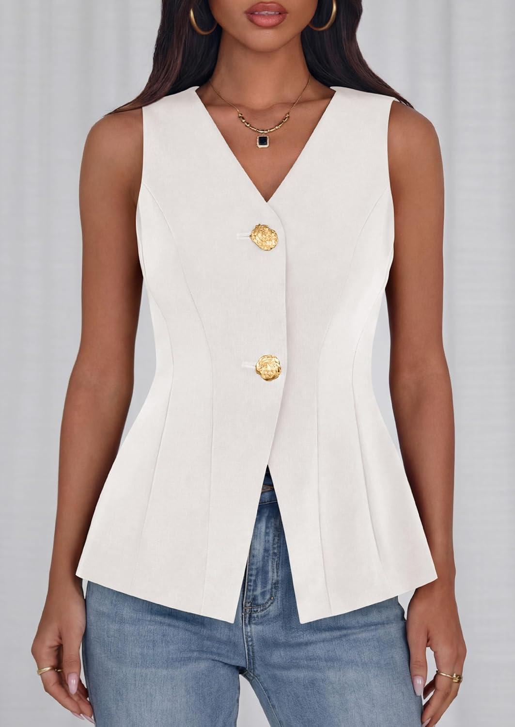 imagePRETTYGARDEN Womens Summer Sleeveless Blazer Vest Tops 2026 Trendy V Neck Button Down Business Casual Suit Vests WaistcoatWhite