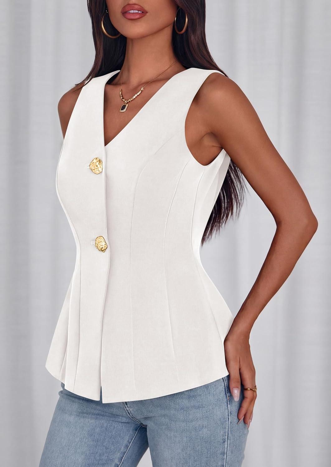 imagePRETTYGARDEN Womens Summer Sleeveless Blazer Vest Tops 2026 Trendy V Neck Button Down Business Casual Suit Vests WaistcoatWhite