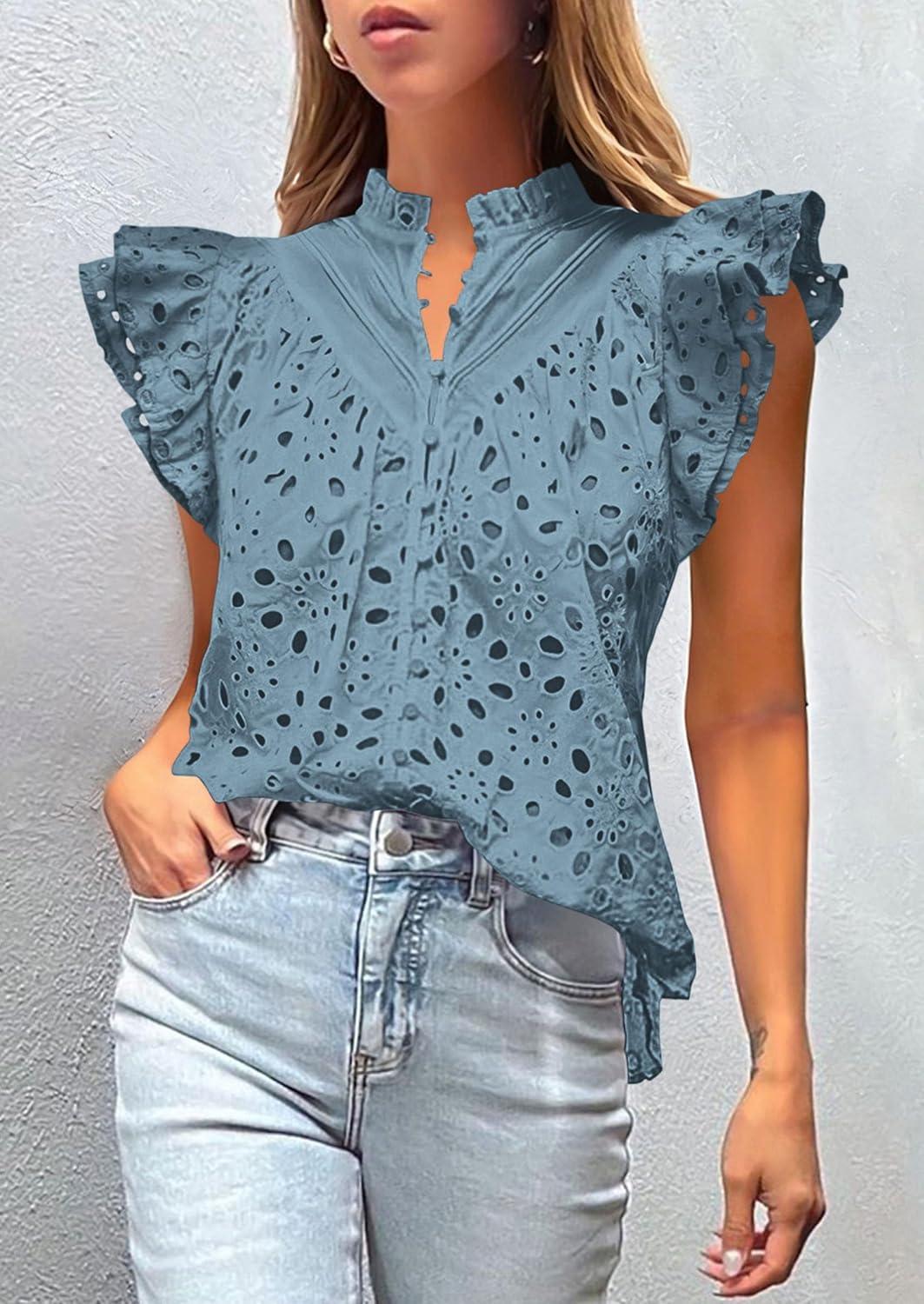 imagePRETTYGARDEN Womens Summer Tops 2026 Dressy Casual Ruffle Cap Sleeve Button V Neck Embroidered Eyelet Blouses ShirtsGrey Blue