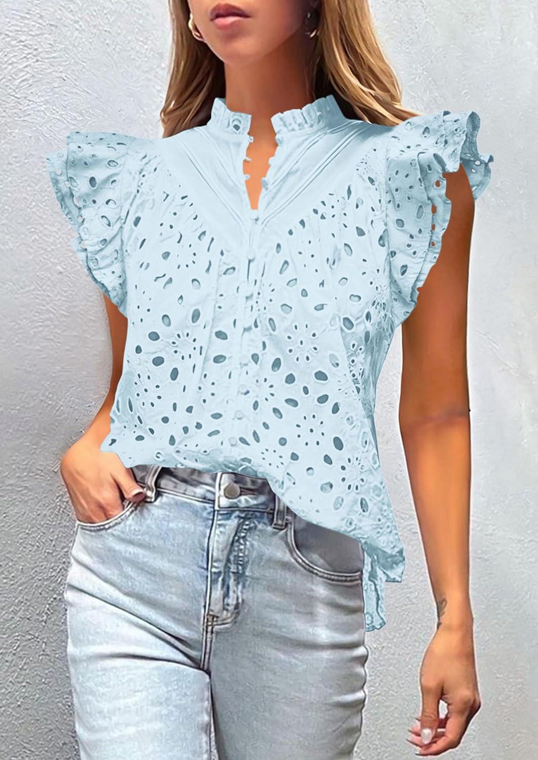 imagePRETTYGARDEN Womens Summer Tops 2026 Dressy Casual Ruffle Cap Sleeve Button V Neck Embroidered Eyelet Blouses ShirtsLight Blue