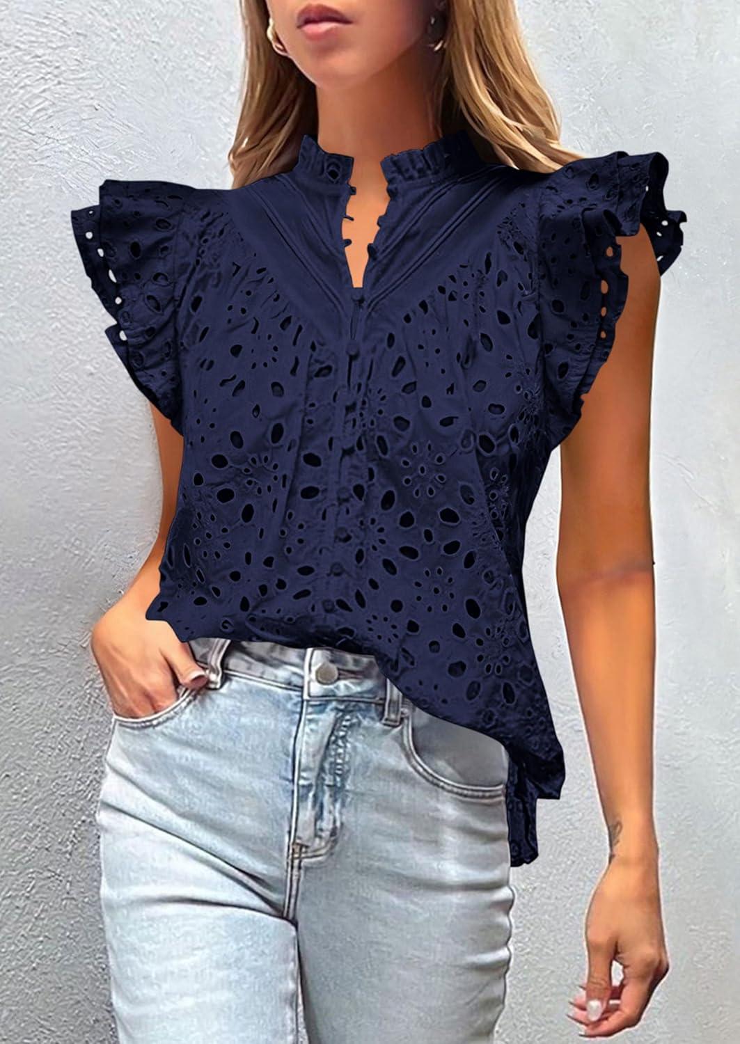 imagePRETTYGARDEN Womens Summer Tops 2026 Dressy Casual Ruffle Cap Sleeve Button V Neck Embroidered Eyelet Blouses ShirtsNavy