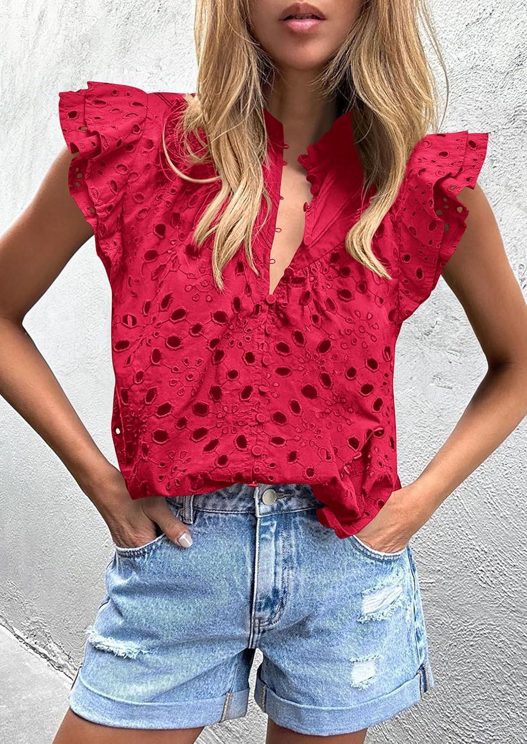 imagePRETTYGARDEN Womens Summer Tops 2026 Dressy Casual Ruffle Cap Sleeve Button V Neck Embroidered Eyelet Blouses ShirtsRed
