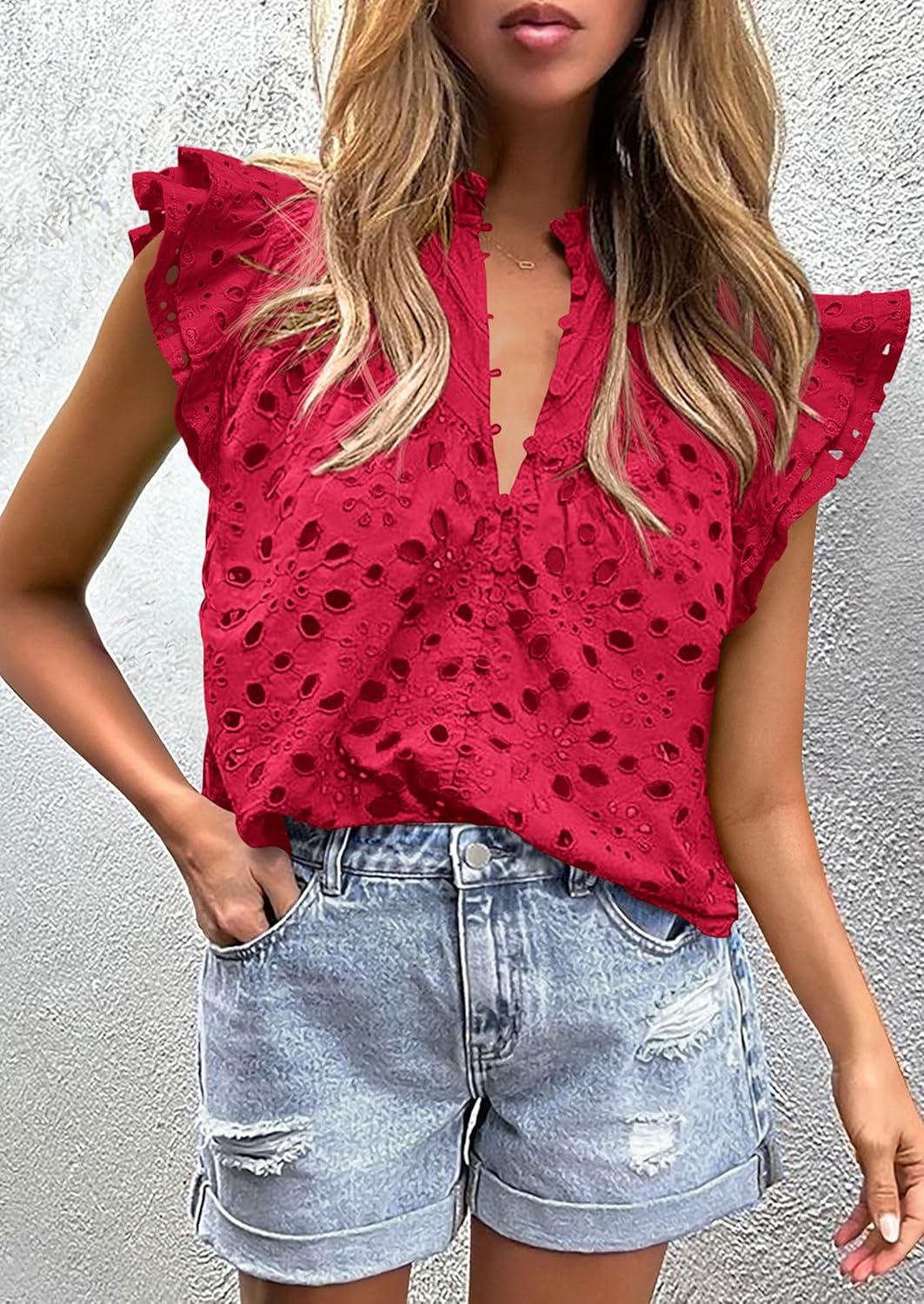 imagePRETTYGARDEN Womens Summer Tops 2026 Dressy Casual Ruffle Cap Sleeve Button V Neck Embroidered Eyelet Blouses ShirtsRed