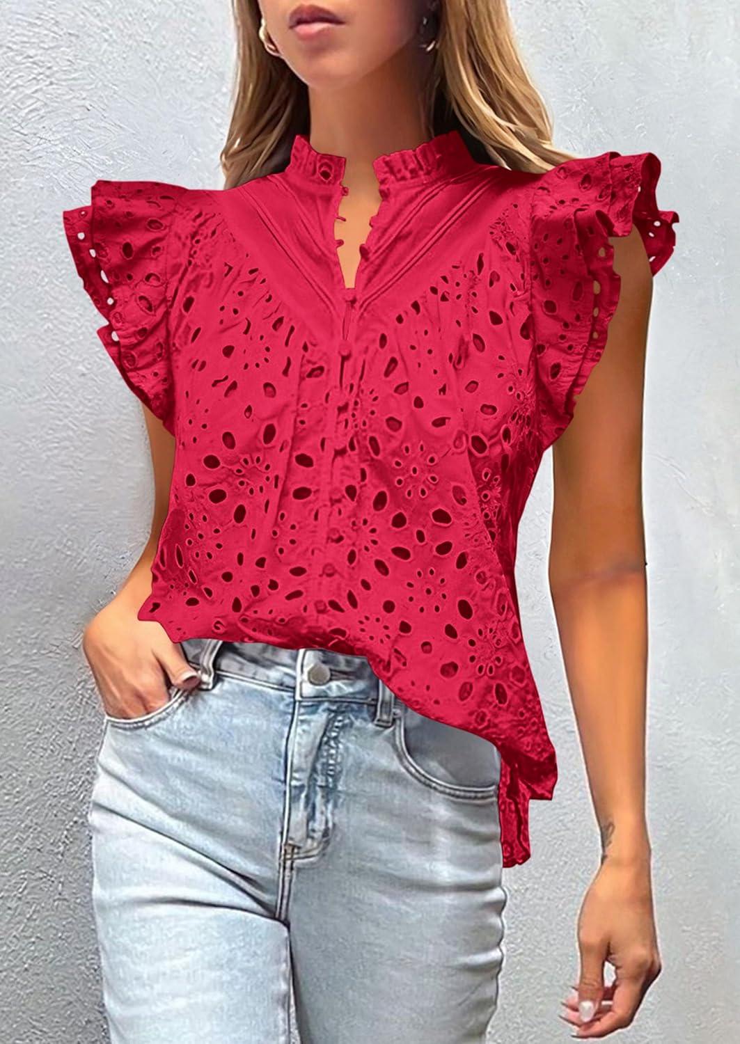 imagePRETTYGARDEN Womens Summer Tops 2026 Dressy Casual Ruffle Cap Sleeve Button V Neck Embroidered Eyelet Blouses ShirtsRed