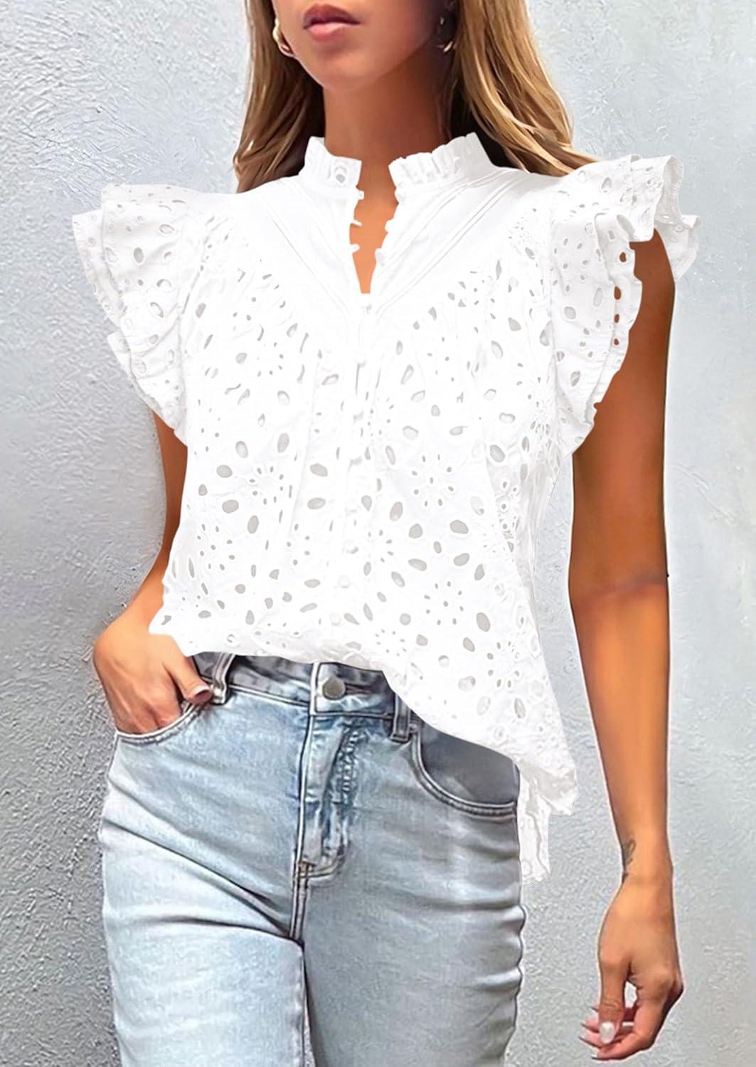 imagePRETTYGARDEN Womens Summer Tops 2026 Dressy Casual Ruffle Cap Sleeve Button V Neck Embroidered Eyelet Blouses ShirtsWhite