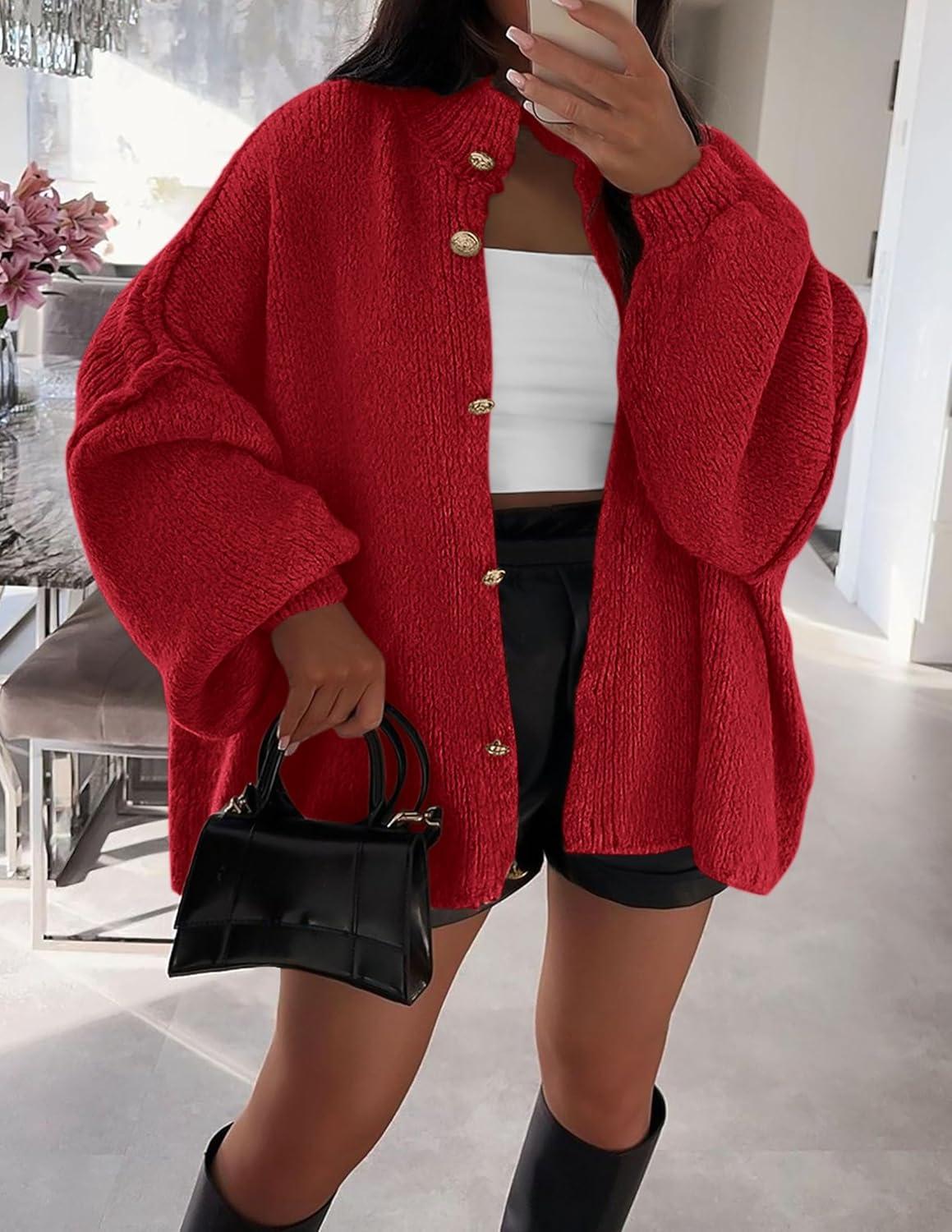 imagePRETTYGARDEN Womens Winter Button Down Cardigan Sweaters Mock Neck Lantern Long Sleeve Chunky Knit Jacket Trendy Outerwear