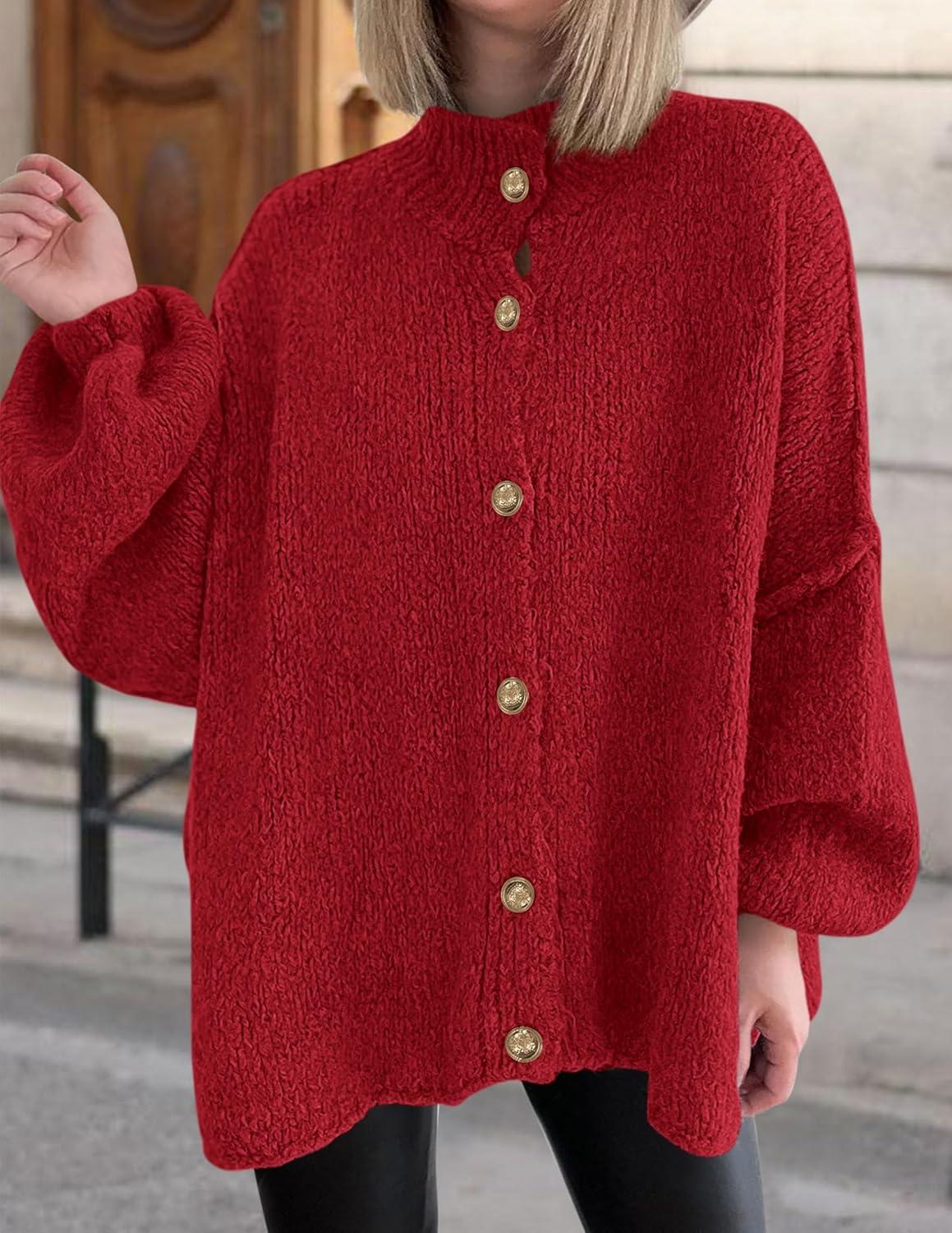 imagePRETTYGARDEN Womens Winter Button Down Cardigan Sweaters Mock Neck Lantern Long Sleeve Chunky Knit Jacket Trendy Outerwear