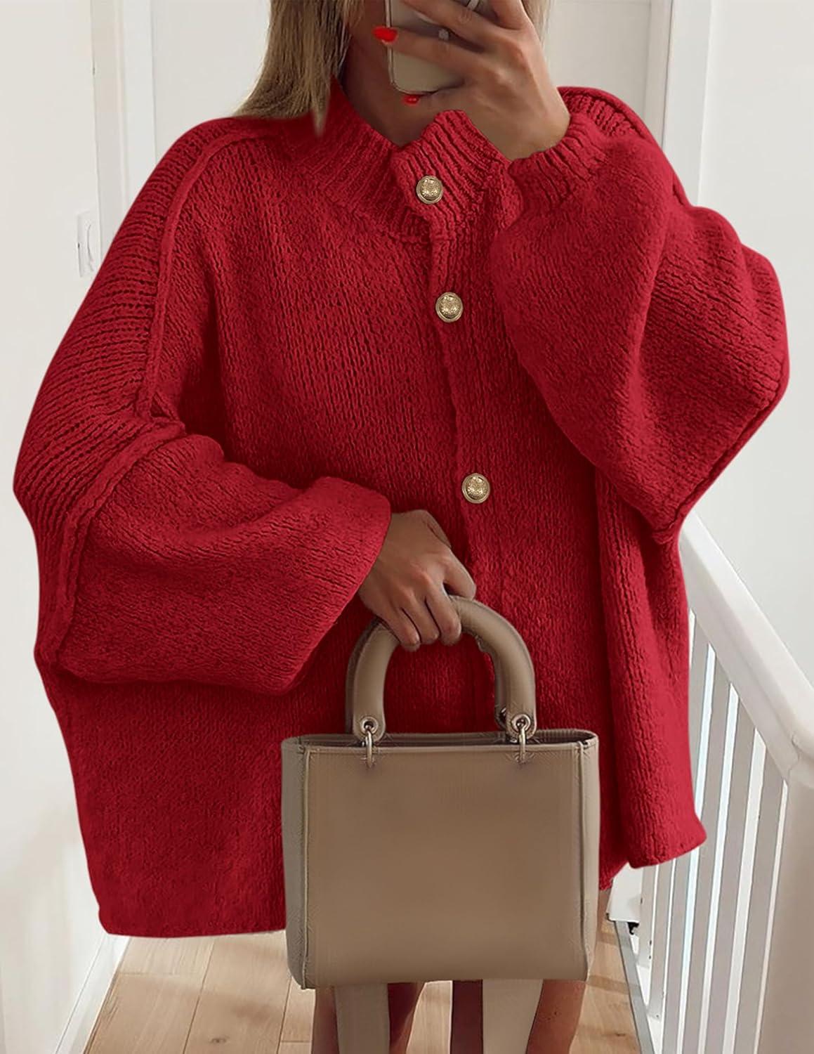 imagePRETTYGARDEN Womens Winter Button Down Cardigan Sweaters Mock Neck Lantern Long Sleeve Chunky Knit Jacket Trendy Outerwear