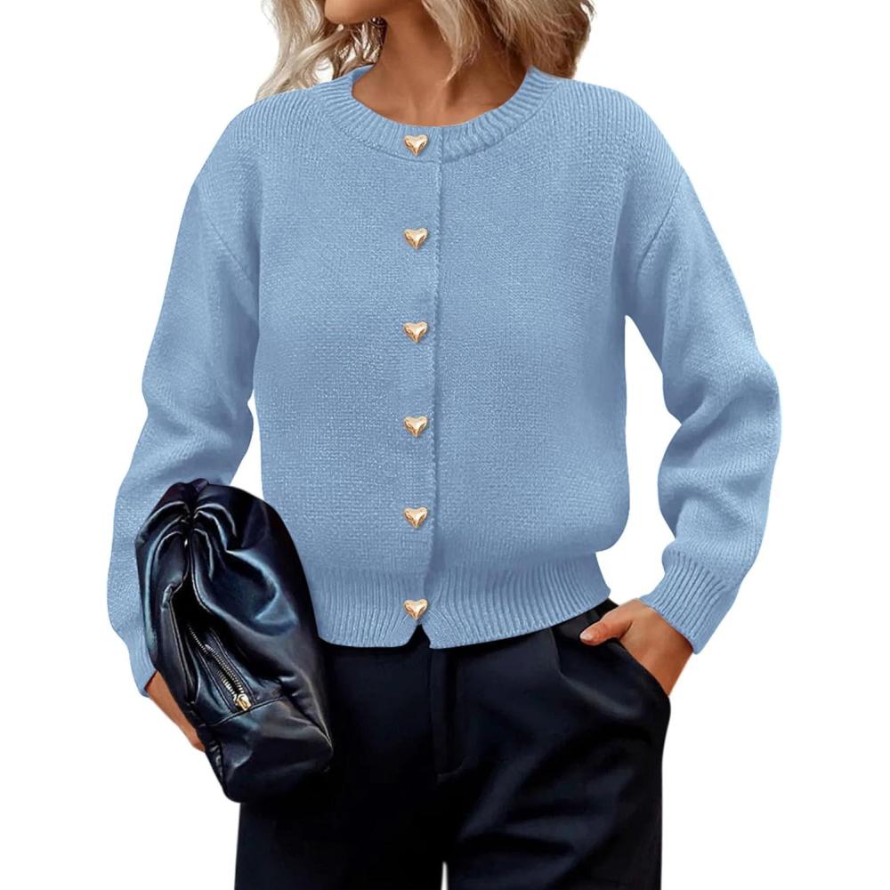 imagePRETTYGARDEN Cardigan for Women 2026 Fall Fashion Long Sleeve Trendy Button Down Work Office Sweaters Cute Winter JacketLight Blue