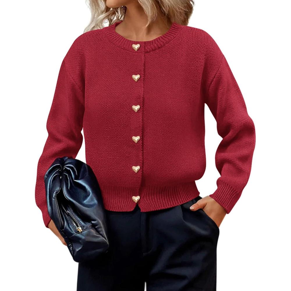 imagePRETTYGARDEN Cardigan for Women 2026 Fall Fashion Long Sleeve Trendy Button Down Work Office Sweaters Cute Winter JacketRed