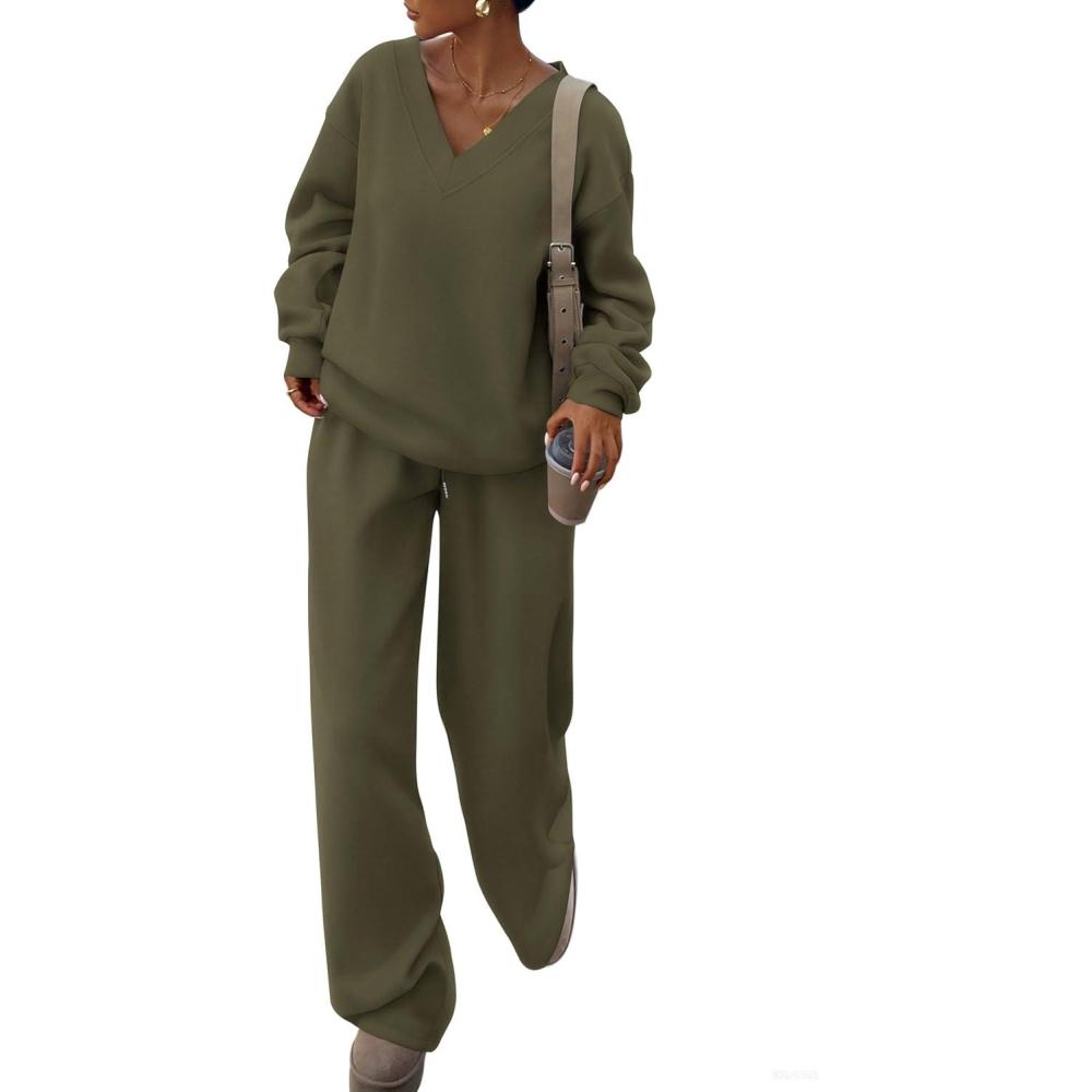 imagePRETTYGARDEN Casual Winter Two Piece Sets for Women 2026 V Neck Sweatshirt Loose Wide Leg Pants Tracksuit Knit Fall OutfitsArmy Green