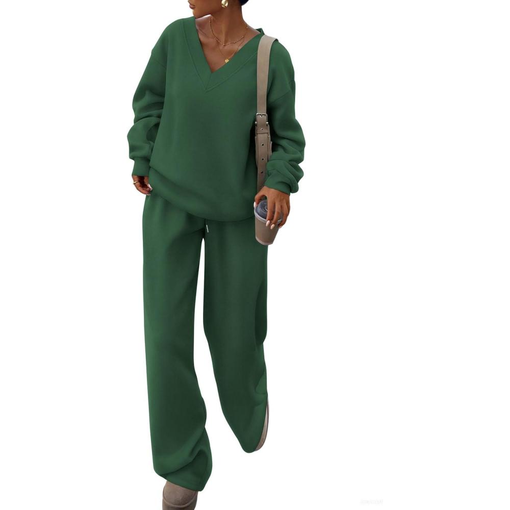 imagePRETTYGARDEN Casual Winter Two Piece Sets for Women 2026 V Neck Sweatshirt Loose Wide Leg Pants Tracksuit Knit Fall OutfitsDark Green