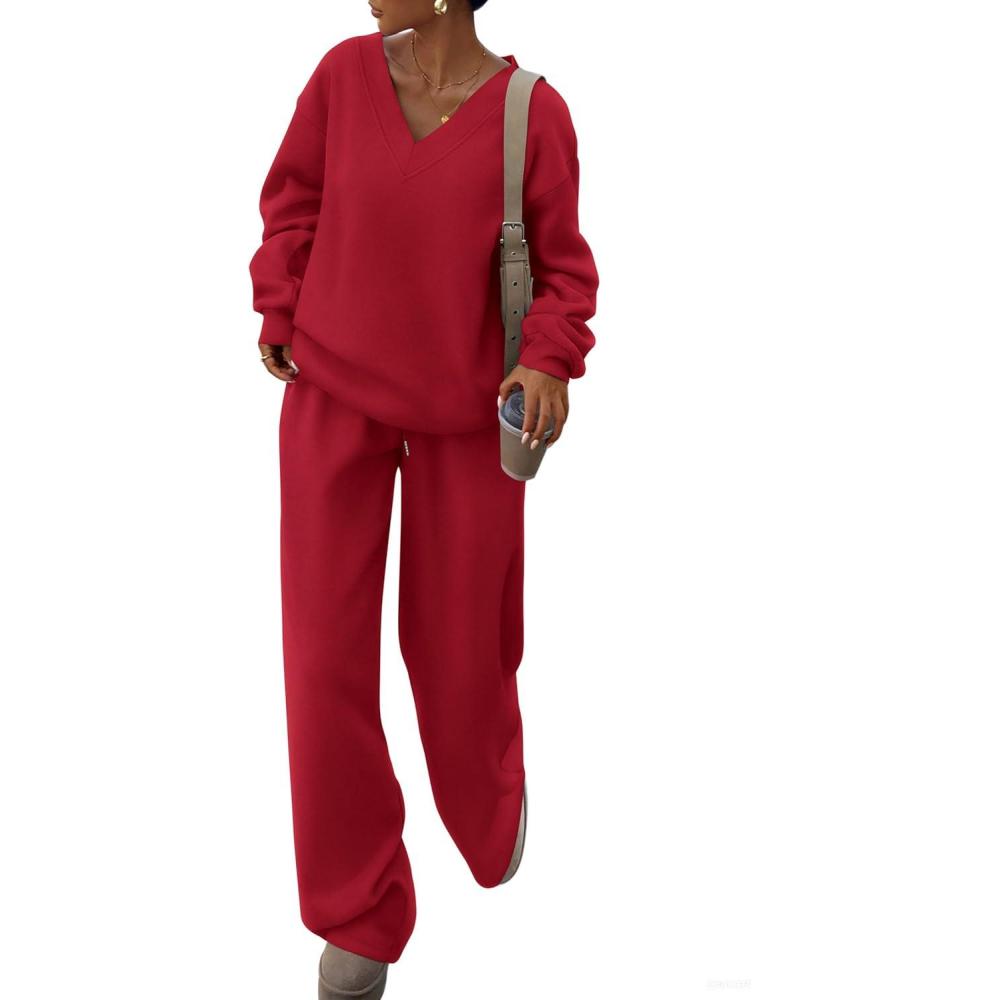 imagePRETTYGARDEN Casual Winter Two Piece Sets for Women 2026 V Neck Sweatshirt Loose Wide Leg Pants Tracksuit Knit Fall OutfitsRed