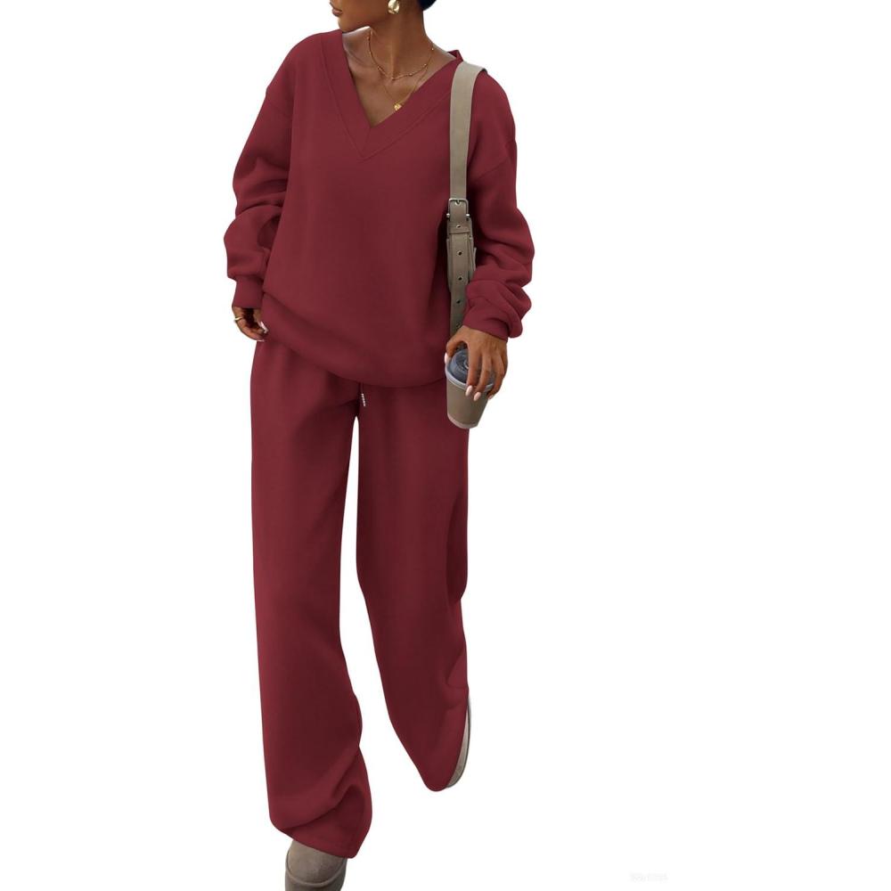 imagePRETTYGARDEN Casual Winter Two Piece Sets for Women 2026 V Neck Sweatshirt Loose Wide Leg Pants Tracksuit Knit Fall OutfitsWine Red