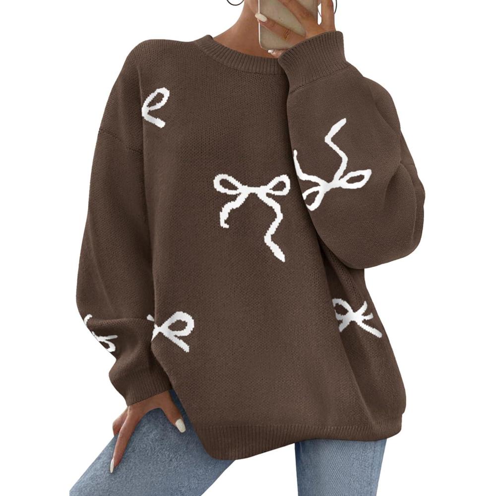 imagePRETTYGARDEN Fall Long Sleeve Pullover Sweaters for Women 2025 Trendy Crewneck Casual Cute Bow Chunky Knit Oversized SweaterBrown