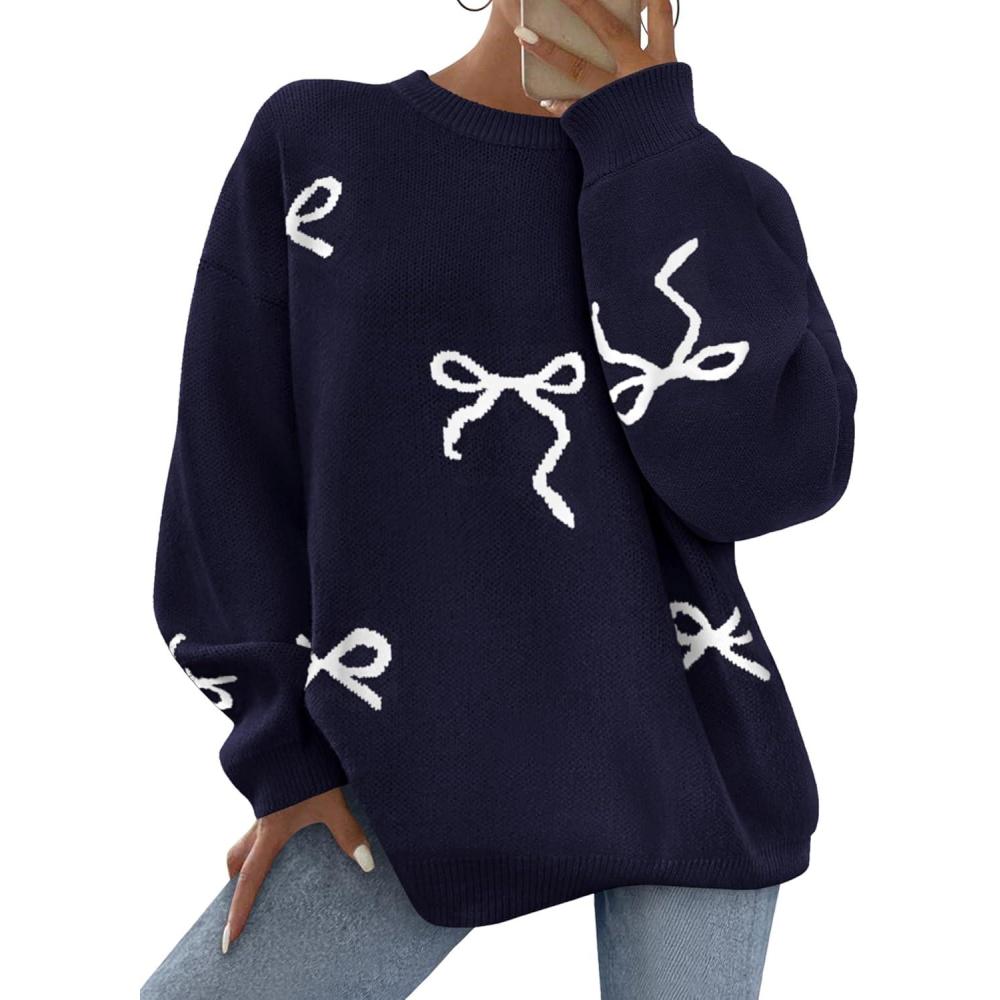 imagePRETTYGARDEN Fall Long Sleeve Pullover Sweaters for Women 2025 Trendy Crewneck Casual Cute Bow Chunky Knit Oversized SweaterNavy Blue