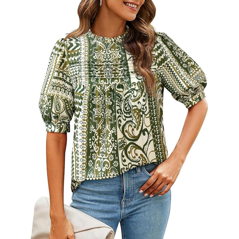 imagePRETTYGARDEN Floral Tops for Women Blouses Dressy Casual 2026 Summer Trendy Outfits Boho Pleated Short Sleeve ShirtsFloral Army Green