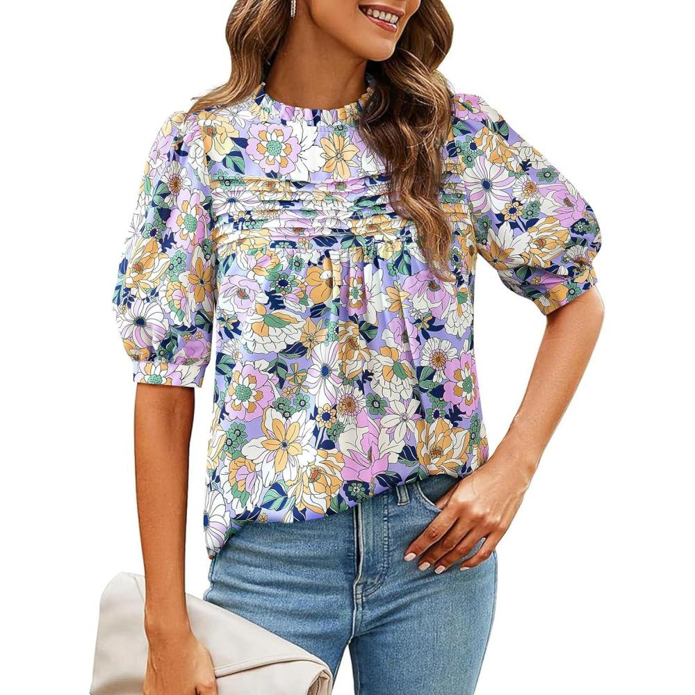 imagePRETTYGARDEN Floral Tops for Women Blouses Dressy Casual 2026 Summer Trendy Outfits Boho Pleated Short Sleeve ShirtsFloral Purple Pink