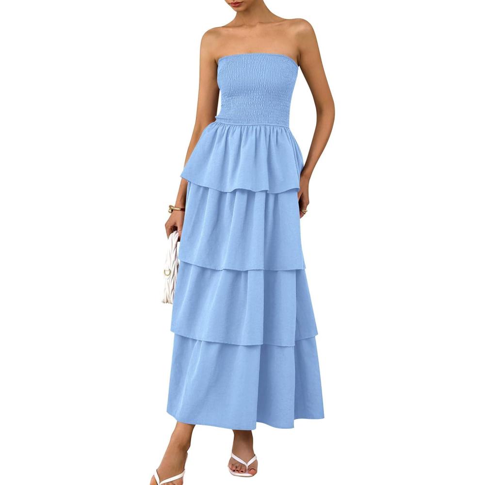 imagePRETTYGARDEN Maxi Dresses for Women 2025 Summer Off Shoulder Smocked Tiered Ruffle Long Flowy Wedding Guest DressBlue
