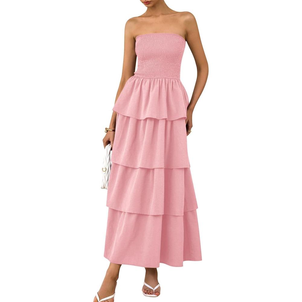 imagePRETTYGARDEN Maxi Dresses for Women 2025 Summer Off Shoulder Smocked Tiered Ruffle Long Flowy Wedding Guest DressPink