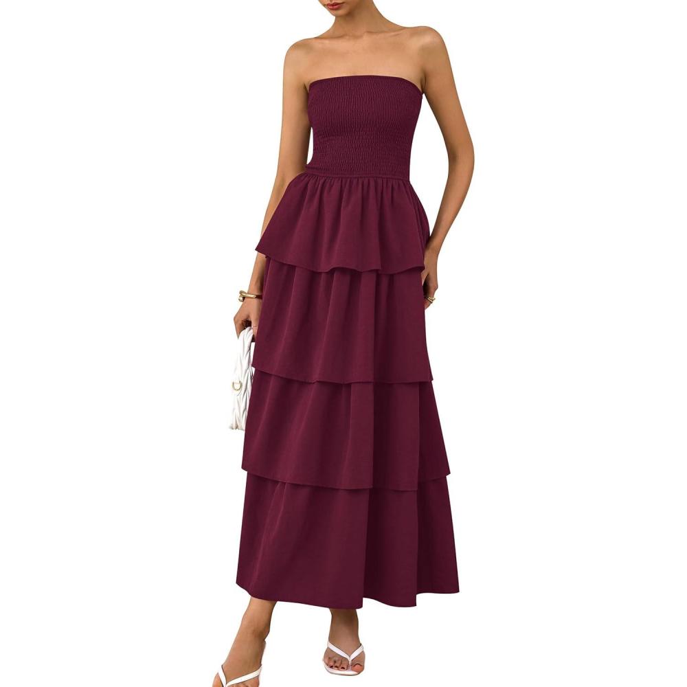 imagePRETTYGARDEN Maxi Dresses for Women 2025 Summer Off Shoulder Smocked Tiered Ruffle Long Flowy Wedding Guest DressWine Red