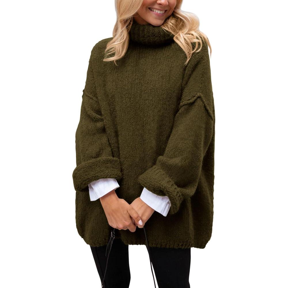imagePRETTYGARDEN Oversized Sweaters for Women Chunky Turtleneck Sweater Fall Fashion Clothes Long Sleeve Tops Winter ClothingArmy Green