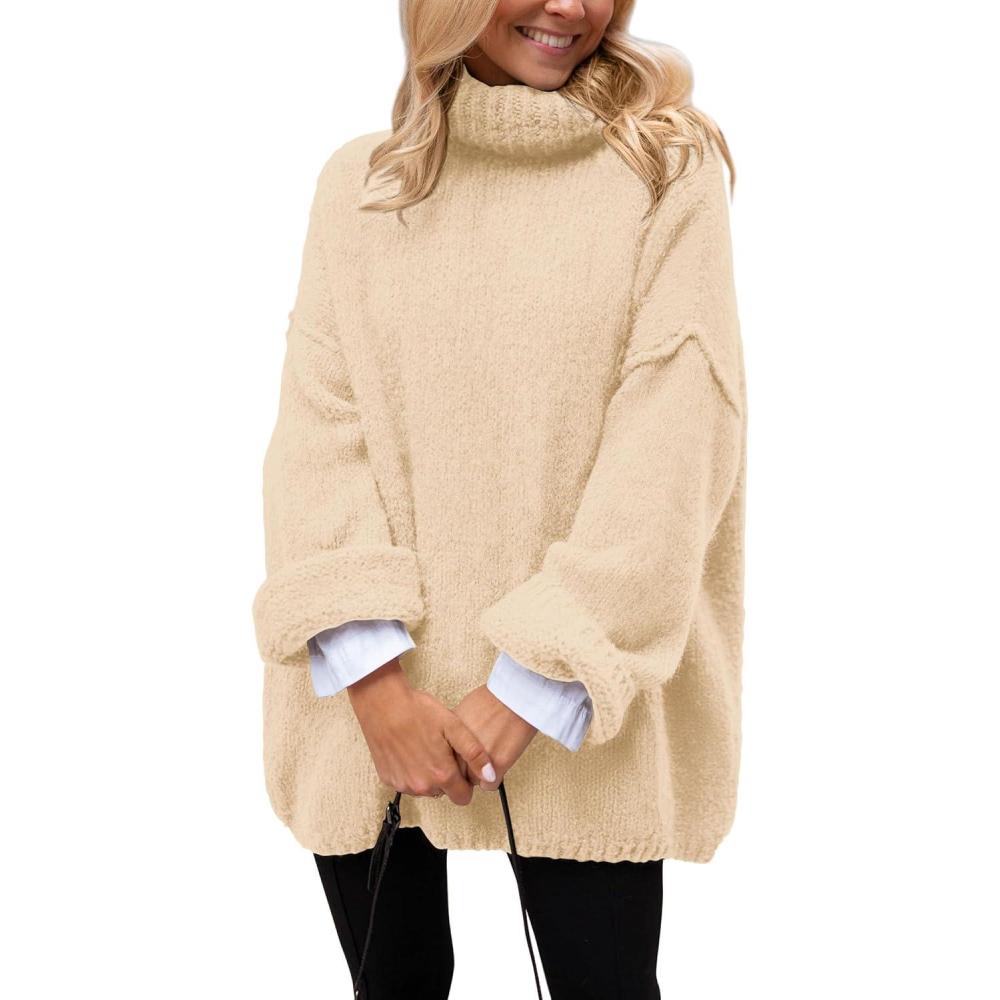 imagePRETTYGARDEN Oversized Sweaters for Women Chunky Turtleneck Sweater Fall Fashion Clothes Long Sleeve Tops Winter ClothingBeige