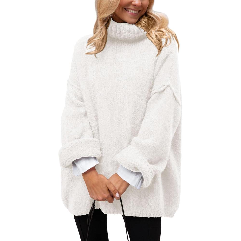 imagePRETTYGARDEN Oversized Sweaters for Women Chunky Turtleneck Sweater Fall Fashion Clothes Long Sleeve Tops Winter ClothingWhite
