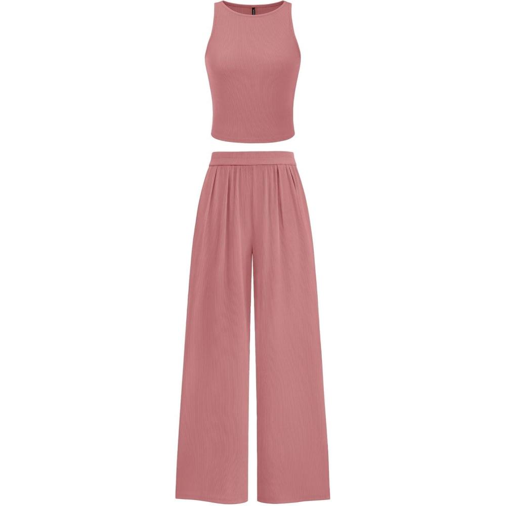 imagePRETTYGARDEN Spring Two Piece Sets For Women 2025 Ribbed Knit Crew Neck Sleeveless Tank Tops Wide Leg Pants Casual Lounge Set