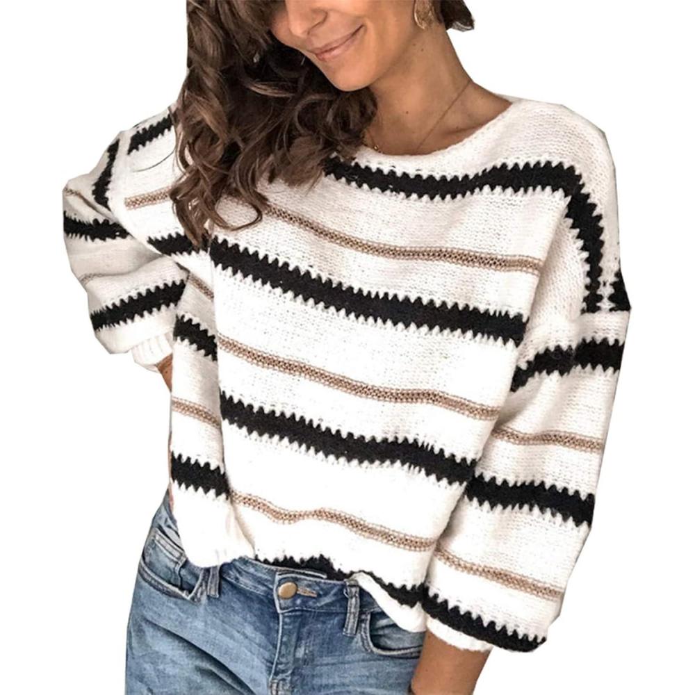 imagePRETTYGARDEN Sweaters for Women 2026 Long Sleeve Striped Knitted V Neck Pullover Jumper Tops Fall Outfits Fashion ClothingNarrow Striped White
