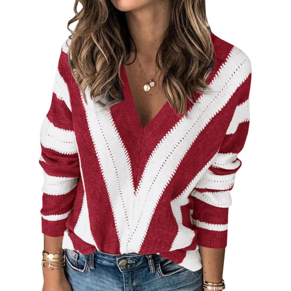 imagePRETTYGARDEN Sweaters for Women 2026 Long Sleeve Striped Knitted V Neck Pullover Jumper Tops Fall Outfits Fashion ClothingStriped Red