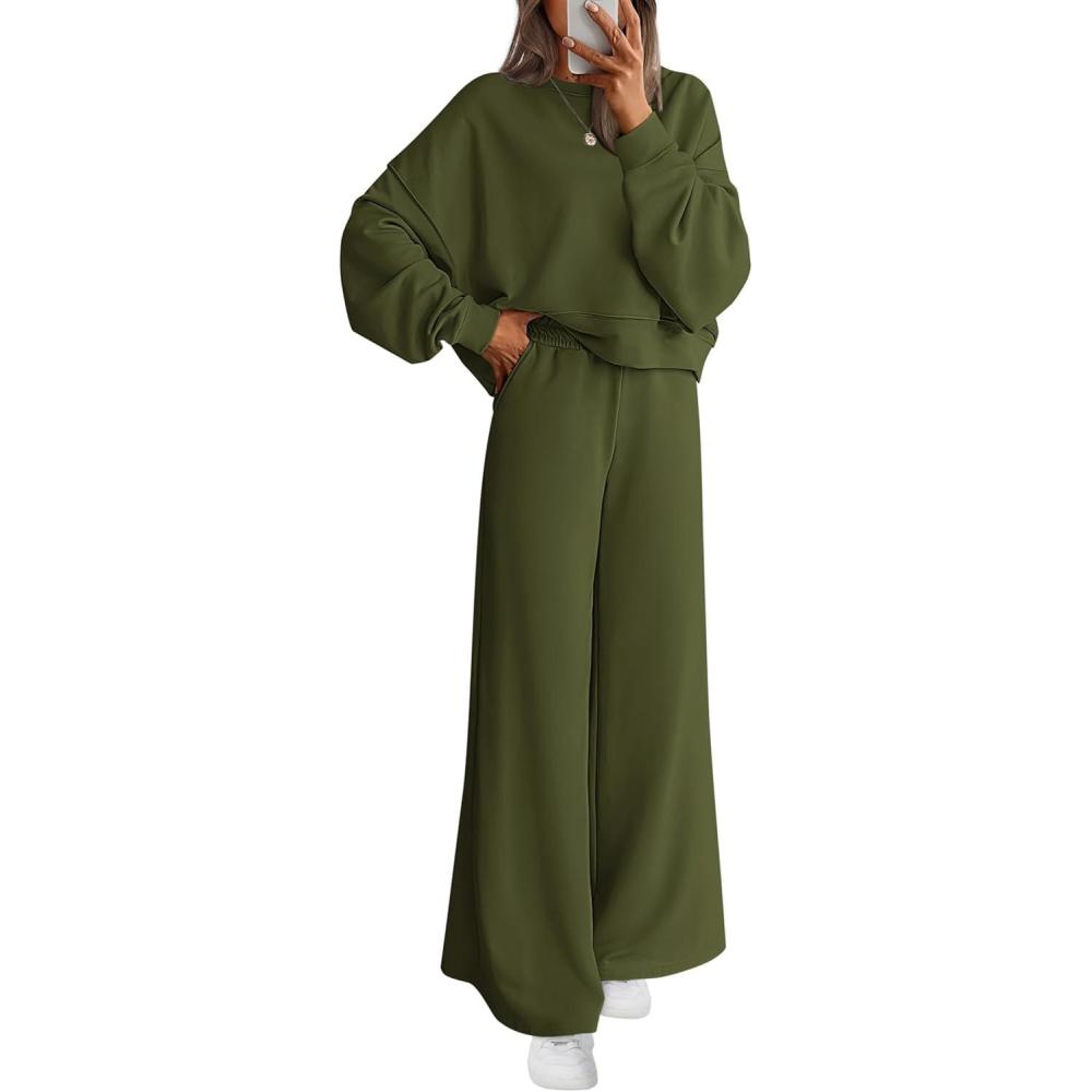 imagePRETTYGARDEN Women 2 Piece Outfits 2025 Fall Sweatsuits Crewneck Sweatshirt Wide Leg Sweatpants Lounge Sets TracksuitArmy Green