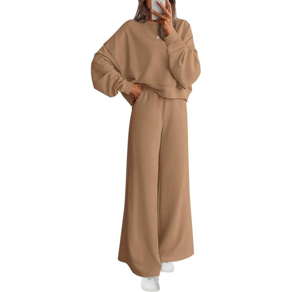 imagePRETTYGARDEN Women 2 Piece Outfits 2025 Fall Sweatsuits Crewneck Sweatshirt Wide Leg Sweatpants Lounge Sets TracksuitKhaki