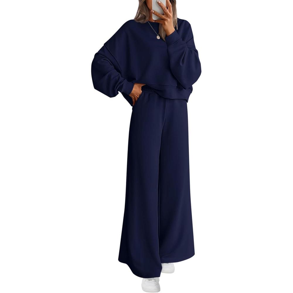 imagePRETTYGARDEN Women 2 Piece Outfits 2025 Fall Sweatsuits Crewneck Sweatshirt Wide Leg Sweatpants Lounge Sets TracksuitNavy Blue