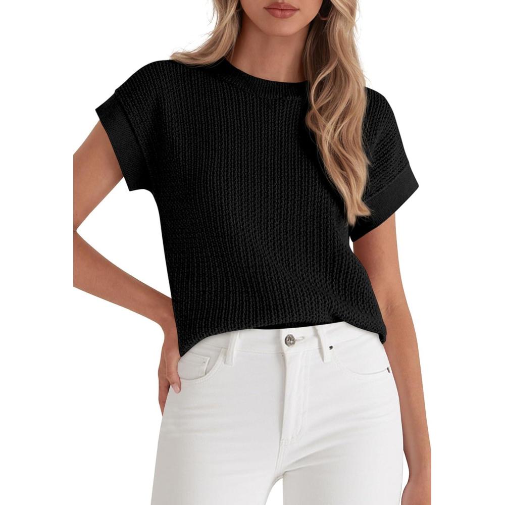 imagePRETTYGARDEN Women 2026 Spring Fashion Sweater Vest Business Casual Tank Top Cap Sleeve Knit Work Shirt Trendy Summer OutfitsBlack