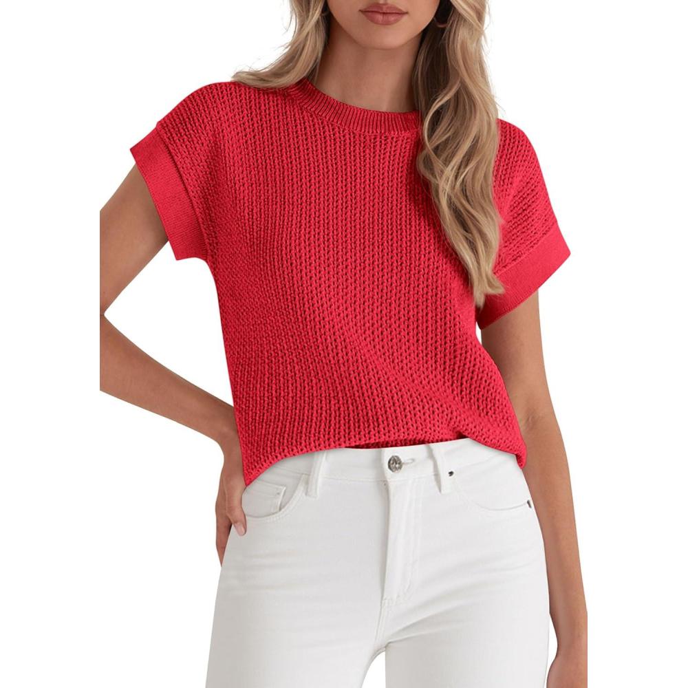 imagePRETTYGARDEN Women 2026 Spring Fashion Sweater Vest Business Casual Tank Top Cap Sleeve Knit Work Shirt Trendy Summer OutfitsRed