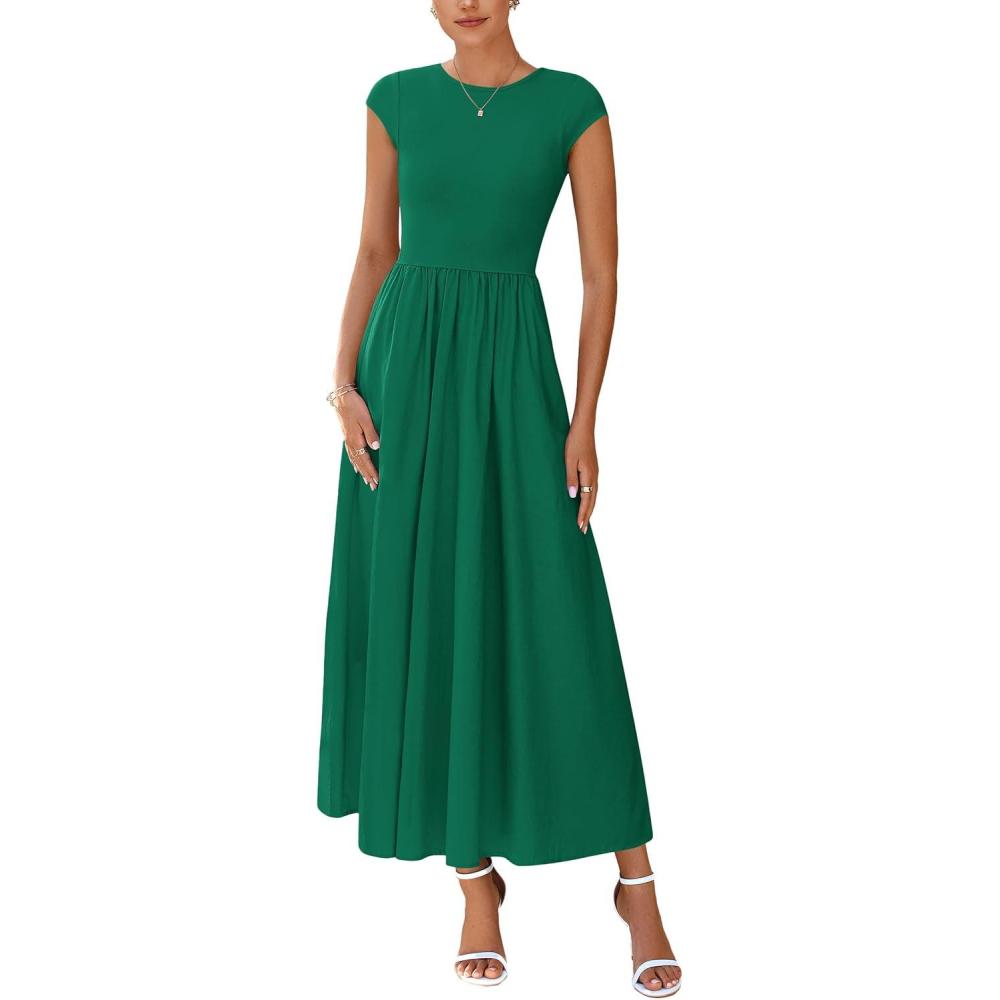 imagePRETTYGARDEN Womens 2025 Summer Casual Long Dresses Cap Sleeve Patchwork A Line Flowy Modest Elegant Homecoming Maxi DressDark Green